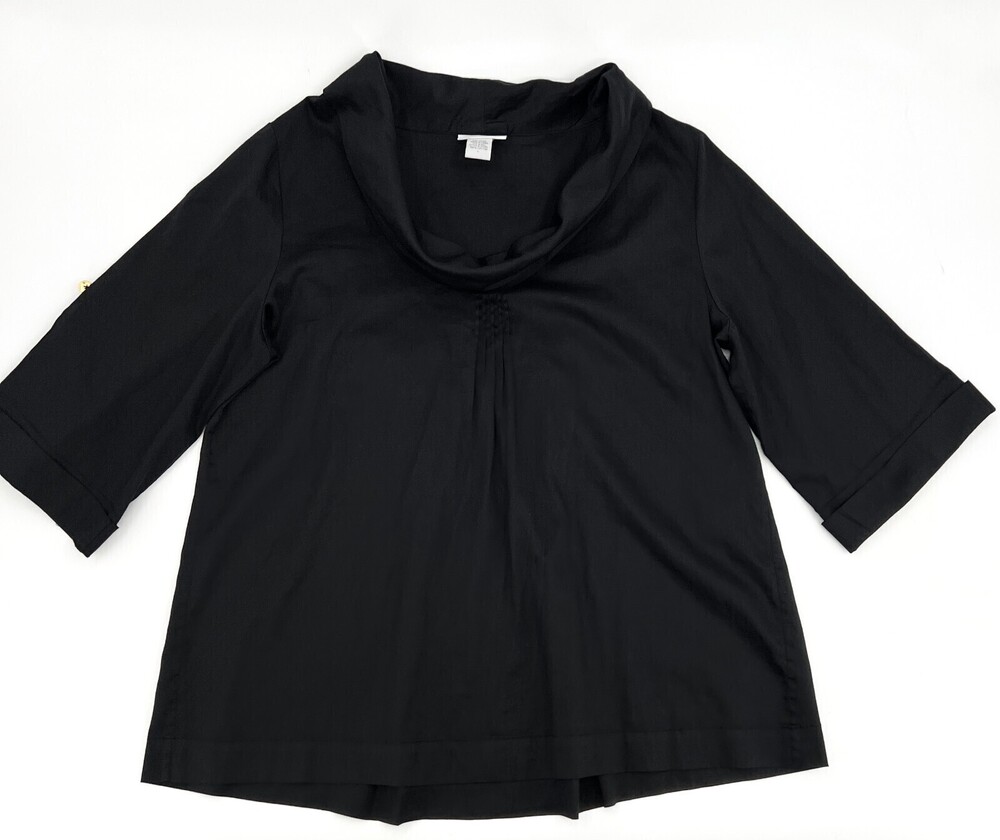 Soft Surroundings Shirt Womens Large Black Tunic Wide Cuff Sleeve Cowl Neck